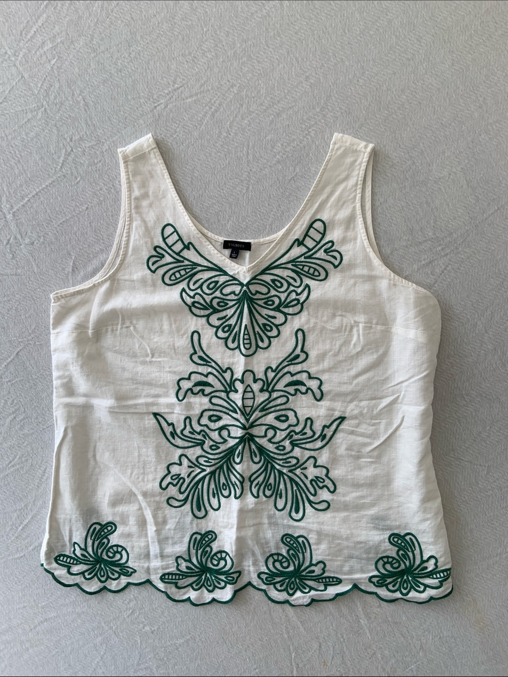 Talbots White Tank Top with Green Embroidered Motifs